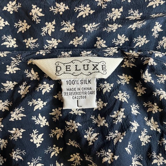 Navy blue vintage floral silk top - Picture 5 of 8